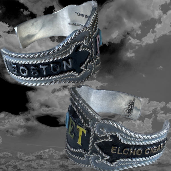 Inside this cuff, as with many of my new POP ART Collection, there is a hidden engraved quote--this one from Walt Whitman. These quotes are meant to resonate against your wrist and inspire you. I hope they do! This one: "Keep your face in the sunshine and shadows will fall behind you." POET Cheroot Cuff. Handmade, Hand-enameled Sterling Silver. Hand-signed. Approximately 6-1/2" Long by 2" (at center). Made in the USA! Nonbinary and designed to INSPIRE you!