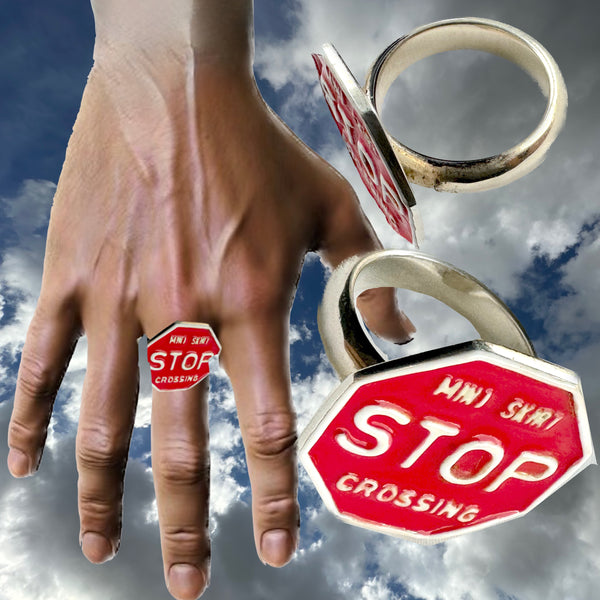 STOP in the name of love for MINISKIRTS! This whimsical tribute to the plastic 1960s Gum-Ball Rings is Handmade and Hand-Enameled Sterling Silver, and part of my new Sterling/Enamel line of fables/"stories". Stands alone or looks FAB with any of our other fun rings! Sterling Silver STOP SIGN approximately 1" x 1" at any angle. Red and White hand-enamel on SHINY Sterling Silver Back and Ring Shank. Sized 5-10. Email me for larger sizes. Nonbinary, as is all of my jewelry.