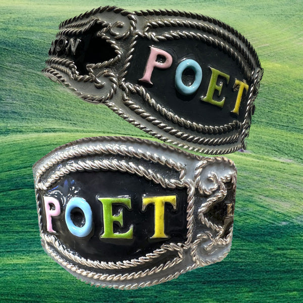 Inside this cuff, as with many of my new POP ART Collection, there is a hidden engraved quote--this one from Walt Whitman. These quotes are meant to resonate against your wrist and inspire you. I hope they do! This one: "Keep your face in the sunshine and shadows will fall behind you." POET Cheroot Cuff. Handmade, Hand-enameled Sterling Silver. Hand-signed. Approximately 6-1/2" Long by 2" (at center). Made in the USA! Nonbinary and designed to INSPIRE you!