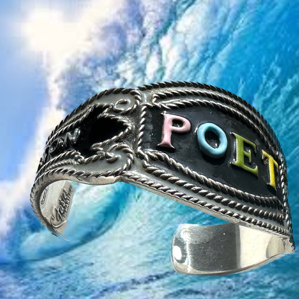 Inside this cuff, as with many of my new POP ART Collection, there is a hidden engraved quote--this one from Walt Whitman. These quotes are meant to resonate against your wrist and inspire you. I hope they do! This one: "Keep your face in the sunshine and shadows will fall behind you." POET Cheroot Cuff. Handmade, Hand-enameled Sterling Silver. Hand-signed. Approximately 6-1/2" Long by 2" (at center). Made in the USA! Nonbinary and designed to INSPIRE you!