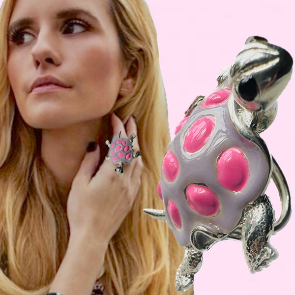 "La Tortue" POP ART Lilac/Pink Hand-Enameled Sterling Silver Turtle Ring