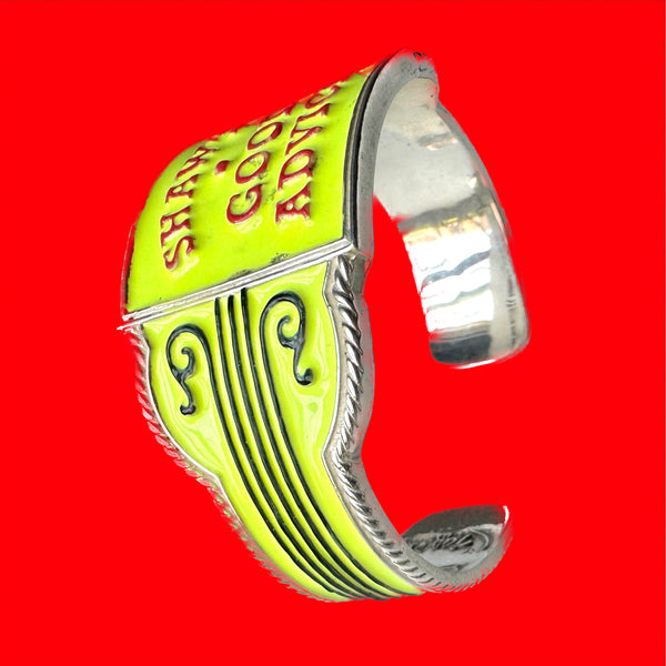 Antique Cigar Band brought to life in NEON YELLOW and red and black hand enamel on .925 Sterling Silver. As with many of my new cuffs, tucked inside is a "secret quote" to resonate against your wrist! This one :  "Just one positive word in the morning can change your whole day."  --Dalai Lama