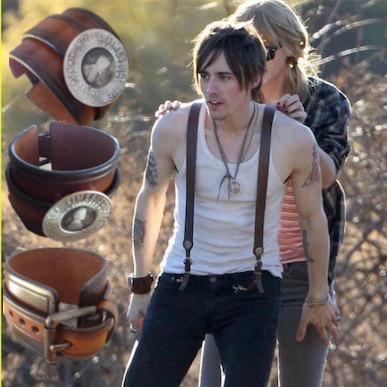 Reeve Carney and Taylor Swift in Fablesintheair.com Times Square Hotel Lucky Penny Charm Leather Cuff.