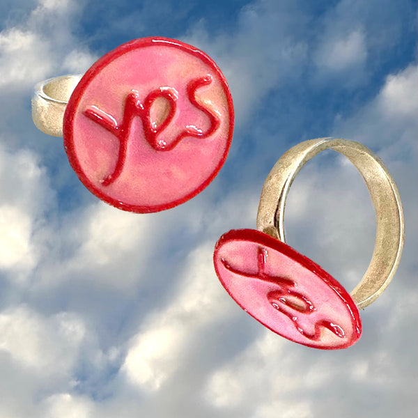 Love to make a controversial splash with your accessories?    Sterling Silver YES or NO Enameled Gum-Ball Rings. Approximately 5/8” diameter.  Handmade, Hand-enameled and Hand-Signed here in the good ole USA.  Also available  as Earrings, Cufflinks and Charm! The decision is YOURS.