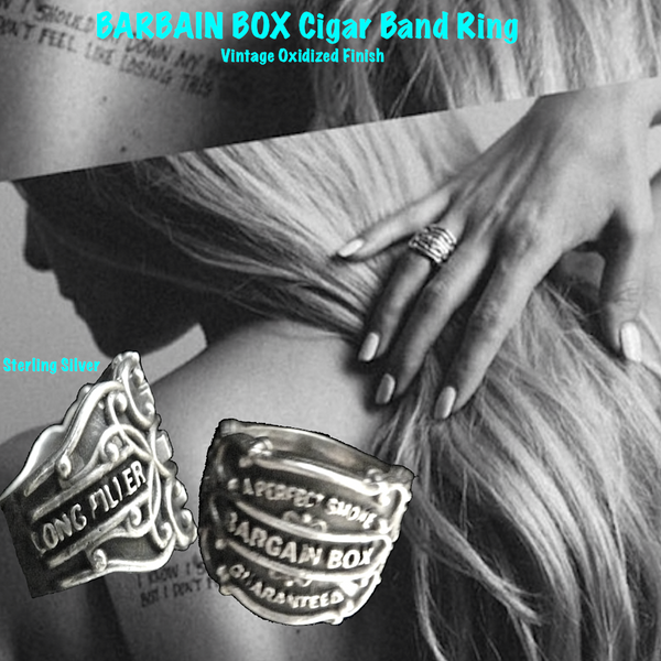 Vintage antique cuban cigar bands come to life as Sterling Silver Cigar Band Rings in 3D fashion statements. Shown here on talented musician/composer/recording artist, Paris Carney. O'Neill is her new musical project.And she just opened for Reeve Carney at his new "Truth" solo album record release.