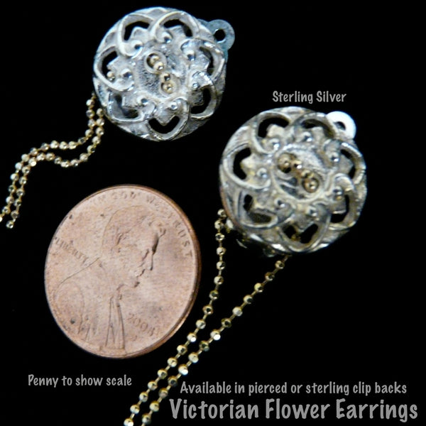 Delicate and hanging by a thread, this beautiful Sterling Silver flowered button has a 4" piece of chain threaded through its double holes, like the fluttering...