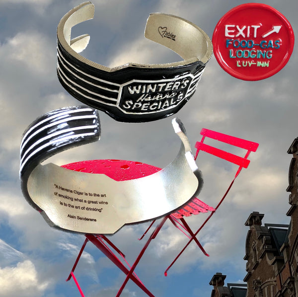 Layer these cuffs and try wearing them over a shirt cuff, sweater or jacket sleeve for an extraordinary artful look! Grab a French cuffed shirt and let the cuffs drape down on your hands and secure with one of these cuffs. Mix and match! WINTER'S HAVANA SPECIALS Hand-Enameled Sterling Silver Cuff. Approximately 6-1/2" long and 1-1/2" at center. Hand made in America. Hand signed. Timeless and Trend-setting simultaneously.