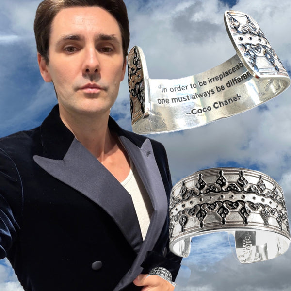 Coco Chanel Quote Lace Enameled  Sterling Silver Cuff