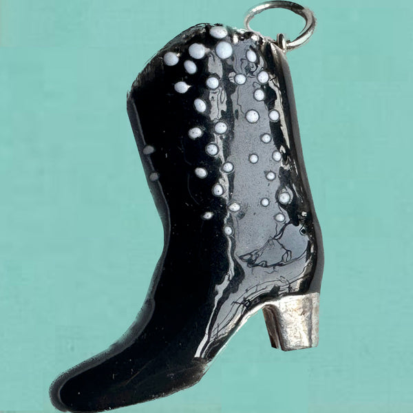 Sterling Silver "Tooled" Cowboy Boot Charm-1-1/2" x 1-1/4". Hand-signed. Comes with a beautiful Sterling Silver fine chain  Boots come in In 3 Lucious Color Combos: Barbie Pink with Red, Neon Yellow with Black and Black with Lavender. Collect all 3!  Hand Made  and Hand Enameled in the USA. Hand Signed. At an introductory price!