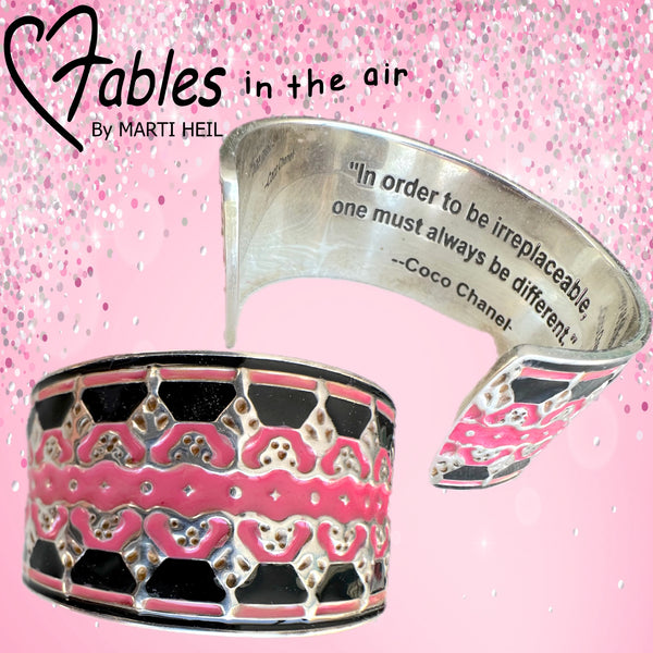 Coco Chanel Quote Lace Enameled  Sterling Silver Cuff