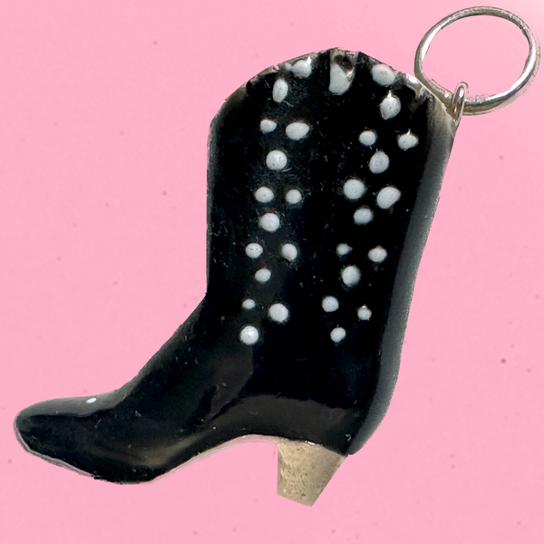 Sterling Silver "Tooled" Cowboy Boot Charm-1-1/2" x 1-1/4". Hand-signed. Comes with a beautiful Sterling Silver fine chain  Boots come in In 3 Lucious Color Combos: Barbie Pink with Red, Neon Yellow with Black and Black with Lavender. Collect all 3!  Hand Made  and Hand Enameled in the USA. Hand Signed. At an introductory price!