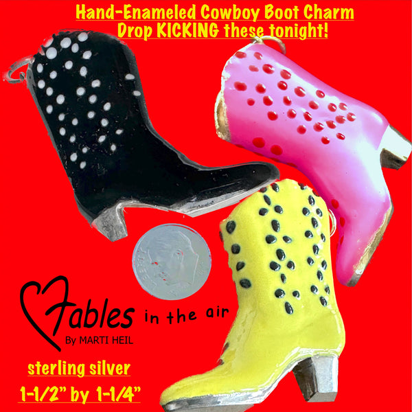 Sterling Silver "Tooled" Cowboy Boot Charm-1-1/2" x 1-1/4". Hand-signed. Comes with a beautiful Sterling Silver fine chain  Boots come in In 3 Lucious Color Combos: Barbie Pink with Red, Neon Yellow with Black and Black with Lavender. Collect all 3!  Hand Made  and Hand Enameled in the USA. Hand Signed. At an introductory price!