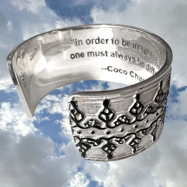 Coco Chanel Quote Lace Enameled  Sterling Silver Cuff