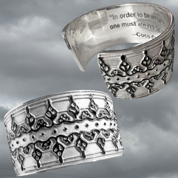 Coco Chanel Quote Lace Enameled  Sterling Silver Cuff