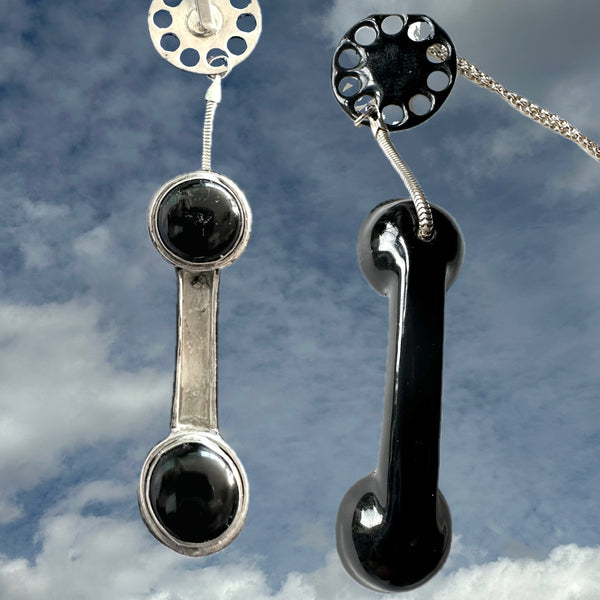Off the Hook POP ART Telephone  Necklace (Hand Enamel over Sterling Silver with Onyx