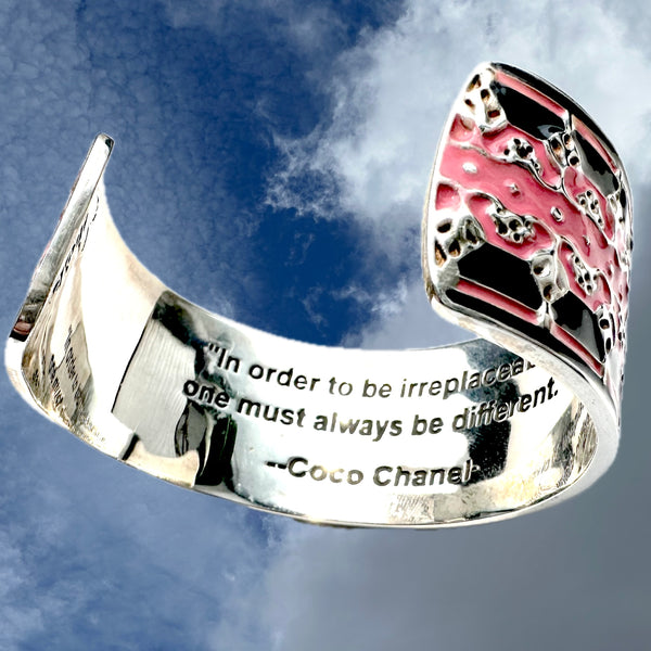 Coco Chanel Quote Lace Enameled  Sterling Silver Cuff
