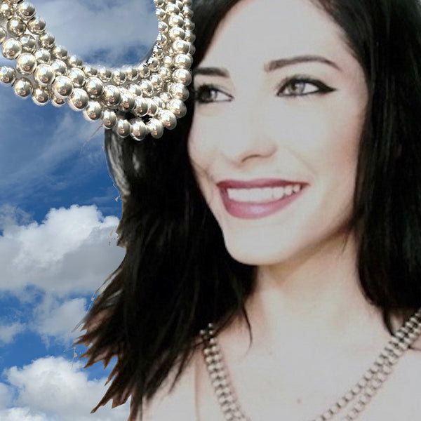 here is a reason these "pearls" are a Fables "Classic". Whether you like Jackie Kennedy or Prince, you should own this extra-long Sterling Silver Pearl necklace with its heart clasp. If you can only take one accessory on any trip, let it be this versatile strand of Silver Pearls.(It is also a perfect gift for a bride!) A generous 5 feet of 7mm Sterling Silver Pearls with a heart clasp. Hand made in the USA. Hand Signed.
