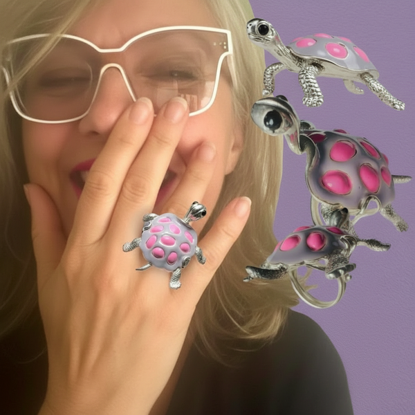 "La Tortue"  POP ART Lilac/Pink Hand-Enameled  Sterling Silver Turtle  Ring