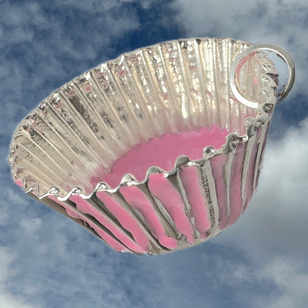 POP ART Hot Pink Enameled Sterling Silver BONBON "FOIL"CANDY CUP Necklace