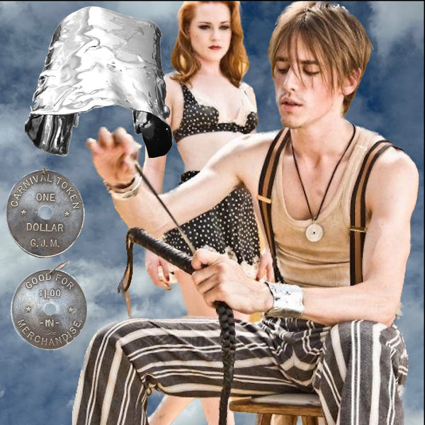 Iconic , Organic, Award-Winning Sterling Silver Scissorhands Cuff. Approximately 2-3/4" high but 7 inches from extended pieces---approximately 6" end to end before extender begins .Hand made in the USA. Hand-signed. Here, on actor/composer/musician Reeve Carney. with Evan Rachel Wood in "Love Me Chase Me" Intrscope video.