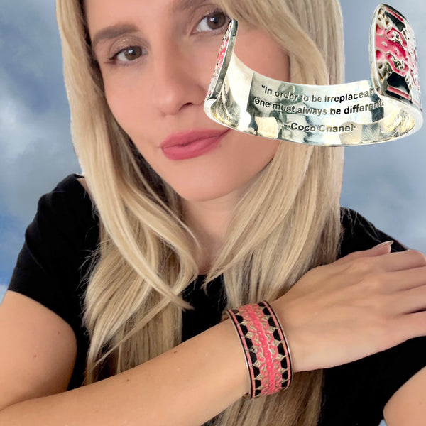 Coco Chanel Quote Lace Enameled  Sterling Silver Cuff