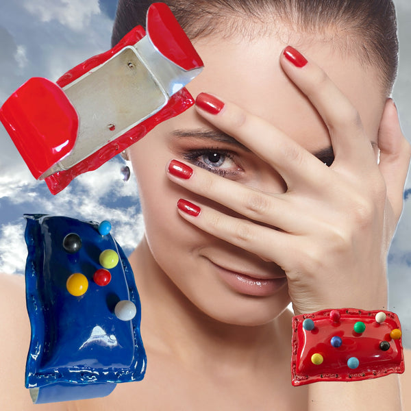 PINCUSHION CUFF with colored head straight pins (Hand-enameled Sterling Silver)