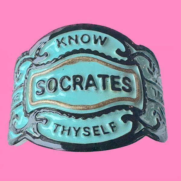 I've put a POP ART spin on this cuff, as well as many of this new Enamoured with Enamel Line. We have been locked up and in dreary weariness for a while and I thought it was time to bring back color to our lives.  Socrates "Know Thyself" Cheroot Band Cuff. Approximately 6-3/8" by 2" (center) graduating to 1-1/2", 1", and Cuff Ends are 5/8". Handmade, Hand-Enameled and Hand-Signed in America. 