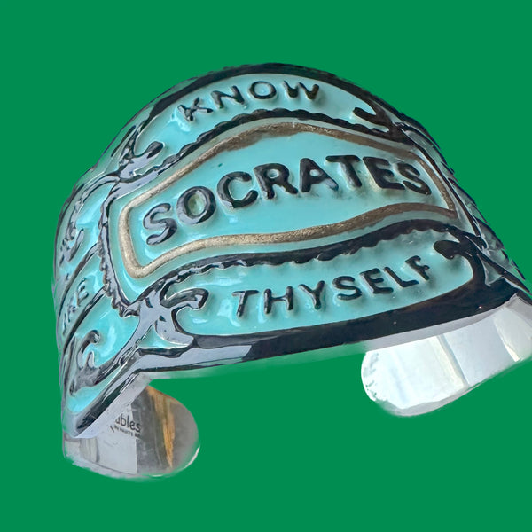 I've put a POP ART spin on this cuff, as well as many of this new Enamoured with Enamel Line. We have been locked up and in dreary weariness for a while and I thought it was time to bring back color to our lives.  Socrates "Know Thyself" Cheroot Band Cuff. Approximately 6-3/8" by 2" (center) graduating to 1-1/2", 1", and Cuff Ends are 5/8". Handmade, Hand-Enameled and Hand-Signed in America. 