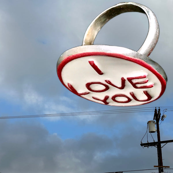 Sterling Silver I LOVE YOU Ring. Offer LOVE into the world! On days you’re feeling insecure, turn it around to face you. Approximately 1 inch in diameter. Custom Handmade and Hand-Enameled, in America. Hand-signed by me.