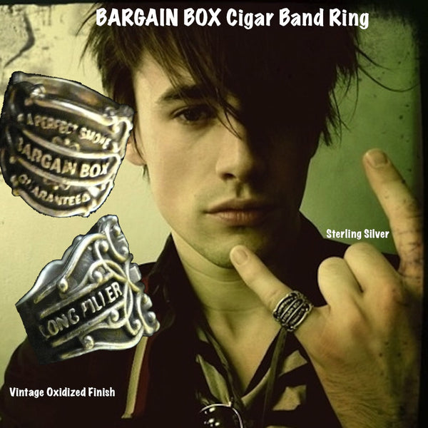 Vintage antique cuban cigar bands come to life as Sterling Silver Cigar Band Rings in 3D fashion statements. Shown here on Reeve Carney of Penny Dreadful, Spider-Man Turn Off the Dark, Rocky Horror Picture Show on Fox and I Knew You Were Trouble. Also a musician with a newly released album "Truth", available on iTunes.