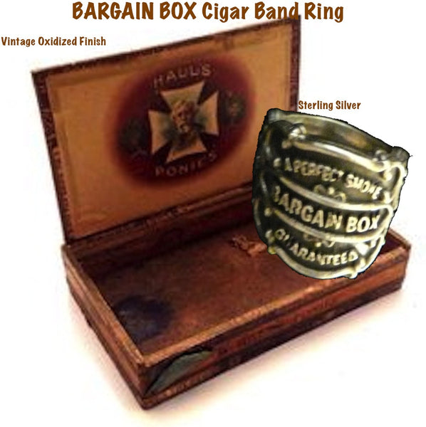 Vintage antique cuban cigar bands come to life as Sterling Silver Cigar Band Rings in 3D fashion statements. Shown here on an antique Cuban cigar box. Ready for any cigar aficionado or collector.