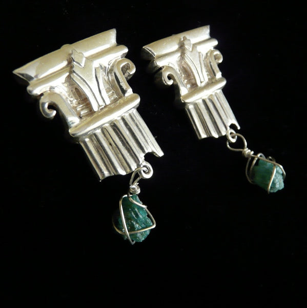 A more delicate version of my Sterling Silver Broken Column earring--THIS one is just the broken TOP, and dangling from it is a chunk of Jade... A more tailored earring for the less bold woman who still likes to make a statement. Perfect for day OR evening wear.   Approximately 1"x 1". Hand made in the USA. Hand signed.  Sterling Silver Broken Column Top Earrings with dangling chunks of Genuine Jade.