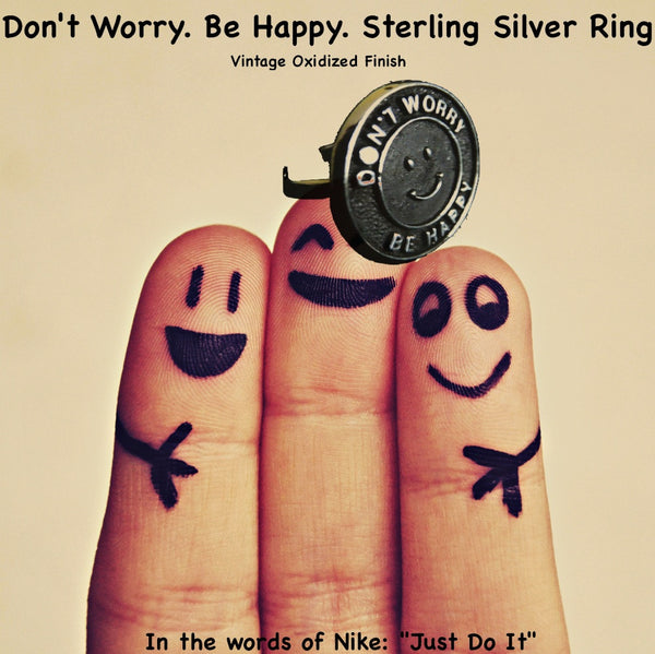 Fablesintheair.com's Don't Worry Be Happy Sterling Silver Ring.Hey, this could quickly become the slogan for the current state of our beautiful planet--Meher Baba knew the secret to a life well-lived, pre-Serenity Prayer.Get ready for a lot of smiles in your direction when they see this ring.  Approximately 1" diameter adjustable Sterling Silver Don't Worry Be Happy Gumball Ring. Made in America. Hand signed.  Don't Worry. Be Happy.