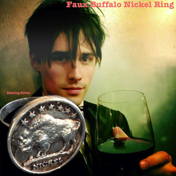 On Reeve Carney, Showtime's Penny Dreadful's Dorian Gray, RIff Raff in the new Fox Rocky Horror Picture Show, the bad boyfriend in Taylor Swift's I Knew You Were Trouble Video, Broadway's Spider-Man--wearing Fablesintheair's Sterling Silver Faux Buffalo Gumball Ring. Approximately 1" in diameter. Made in the USA. Hand signed. Worth more than a plug nickel.