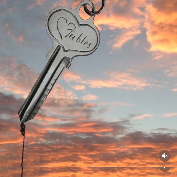 A life-sized sterling silver key engraved with "Fables". Opens the door to nowhere, but it DOES have a "heart"! The symbolism and history of the meaning of "keys" is expansive and sometimes, mysterious, always intriguing and only limited by your imagination. This one comes from a joyous heart with a hope that it symbolically opens whatever your heart desires...  2" x 1" Sterling Silver Signature Fables door key charm. Made in the good ole USA. Hand-signed. Comes with leather cord or vintage looking ribbon.