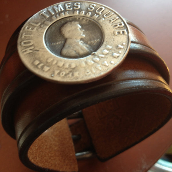 Handmade Leather Cuff with Hotel Times Square Hotel Lucky Penny Slide. Sterling Silver. Made in America.