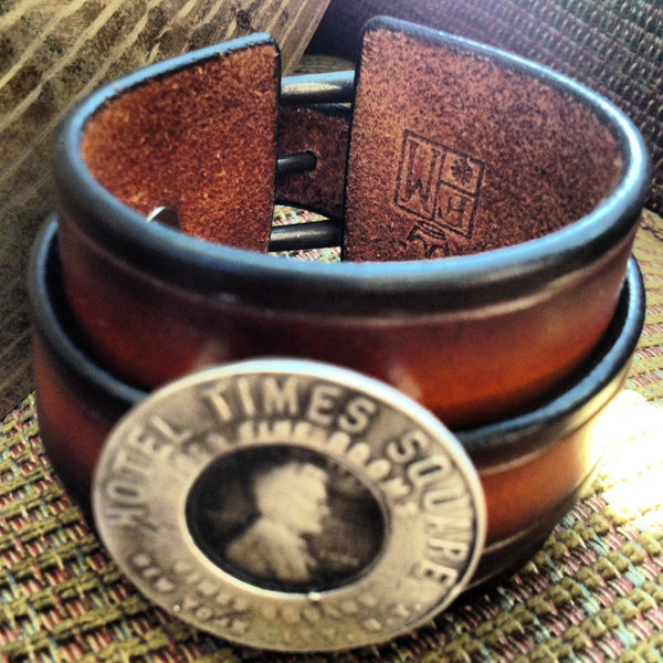 Handmade Leather Cuff with Hotel Times Square Hotel Lucky Penny Slide. Sterling Silver. Made in America.