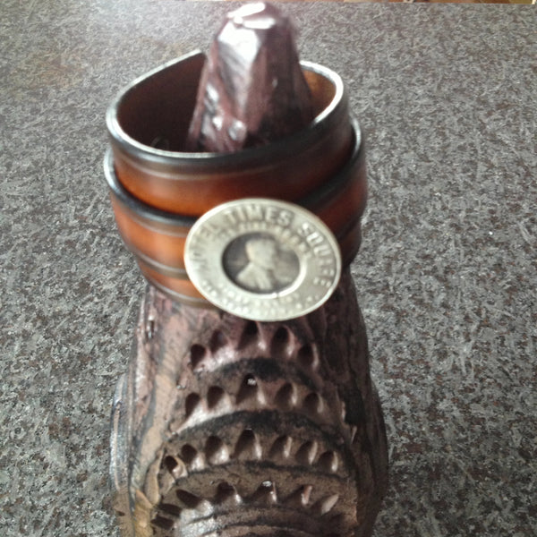 Handmade Leather Cuff with Hotel Times Square Hotel Lucky Penny Slide. Sterling Silver. Made in America.