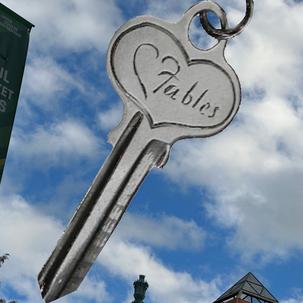 A life-sized sterling silver key engraved with "Fables". Opens the door to nowhere, but it DOES have a "heart"! The symbolism and history of the meaning of "keys" is expansive and sometimes, mysterious, always intriguing and only limited by your imagination. This one comes from a joyous heart with a hope that it symbolically opens whatever your heart desires...  2" x 1" Sterling Silver Signature Fables door key charm. Made in the good ole USA. Hand-signed. Comes with leather cord or vintage looking ribbon.