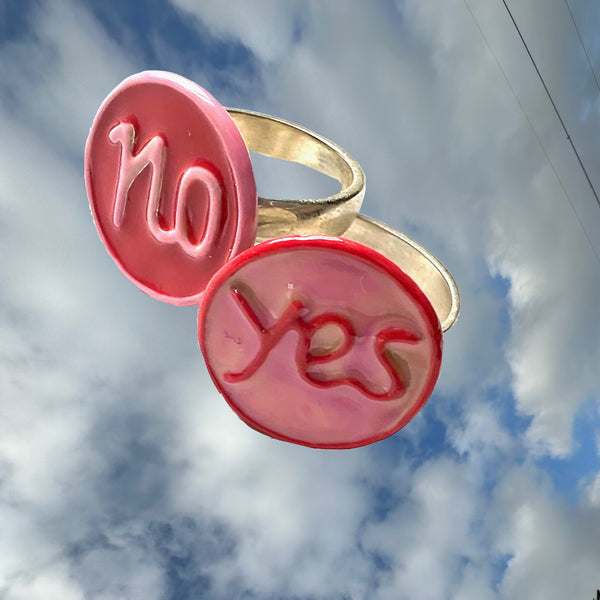 Love to make a controversial splash with your accessories?    Sterling Silver YES or NO Enameled Gum-Ball Rings. Approximately 5/8” diameter.  Handmade, Hand-enameled and Hand-Signed here in the good ole USA.  Also available as Earrings, Cufflinks and Charm! The decision is YOURS.