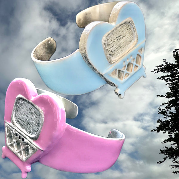 Hand-Enameled Sterling Silver Heart Wrist Television Set Cuff .. 6-1/2" x 1-3/4" approximately. Made in the USA by hand. Hand-signed. In 3 POP ART colors. Timeless