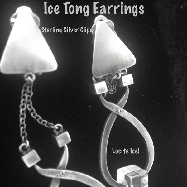 Sterling Silver Ice Tong Earrings with Lucite Ice Cubes. Ice tongs approximately 2''x 1" . Chain approximately 1" long. Triangle tops are 3/4" approximately. Hand Made in the USA. and hand signed.