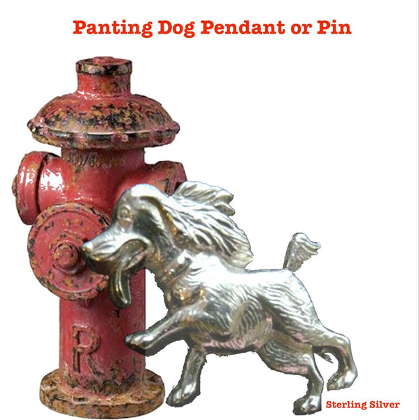 "Man's (woman or child's)  best friend" needs his water bowl. OR, maybe he/she's just happy to see YOU! This puppy dog has found 3 of his favorite things on his walk: a fire hydrant, lamp post and old firetruck! Available as a pendant or brooch. In either Shiny with oxidized details or my Satin Vintage Oxidized Finish, or in  Yellow or Pink Gold Vermeil! By Fablesintheair. Fables by Marti Heil. Sterling Silver Whimsical Jewelry. Made in the USA.