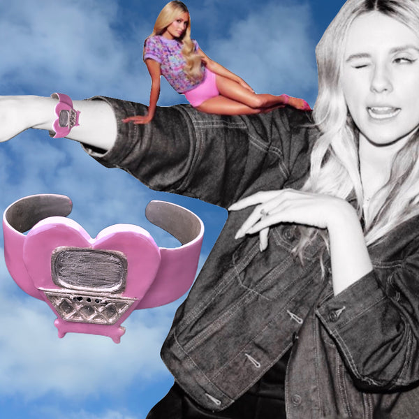 Paris Carney with Paris Hilton and Heart  Wrist Television Cuff in Sterling Silver with Hand-Enamel . POP ART. 