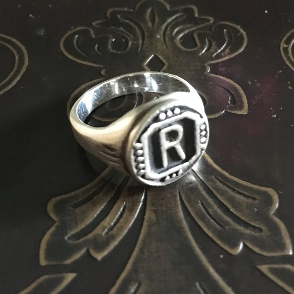 Riff Raff's "R" Vintage Finish Sterling Silver Signet Ring as worn by Reeve Carney (Penny Dreadful) in Fox's Rocky Horror Picture Show