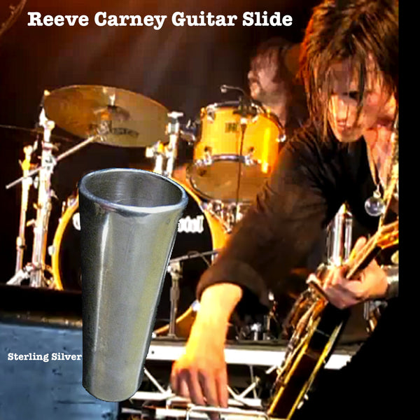 I designed this slide specifically for my son, Reeve Carney. Since Sterling Silver is softer than brass, the usual metal used for guitar slides, it alters the tone uniquely and Reeve responded to that and it quickly became his favorite and only slide.