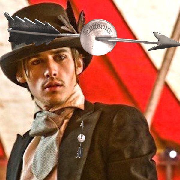 Sterling Silver Souvenir Arrow Tie Bar Pin/Pocket Pin on Actor, Musician, star of Hadestown and Dorian Gray of Penny Dreadful, Reeve Carney.. Approximately 3-1/4" long by 5/8" at its widest. Handmade in America with love (Cupid connection) and hand-signed.