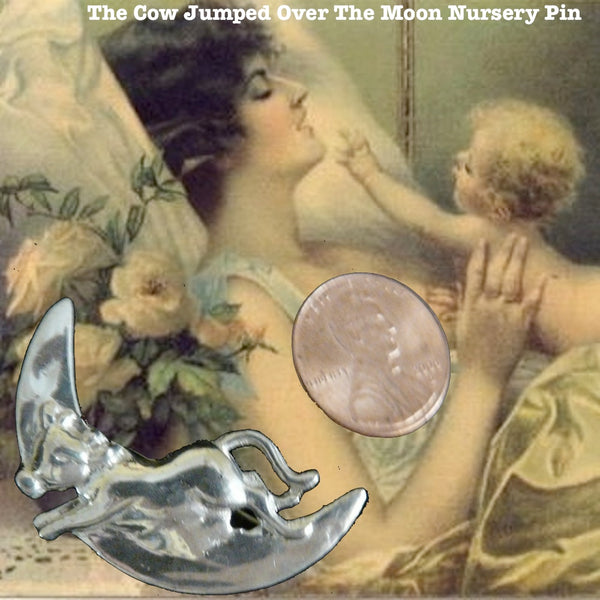 Sterling example of a favorite nursery rhyme, in pendant form!  Remember those Mother Goose Rhymes? The Cow Jumped Over the Moon just came to life in Sterling Silver as a Charm! All of these nursery Charms or Pins  make a wonderful gift for a newborn, or for their mother to wear now and give  to the child later! This and my Rocking Horse Nursery Pin or Pendant and The Dish and the Spoon Pin or Pendant are perfect for engraving! 