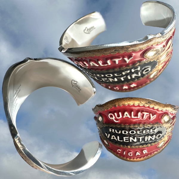 Rudolph Valentino Enameled Sterling Silver Cheroot Cuff. Approximately 6-3/8"x1-5/8"x 6/8" . Hand Made, Hand Enameled and Hand Signed in America. We ship all over the world.