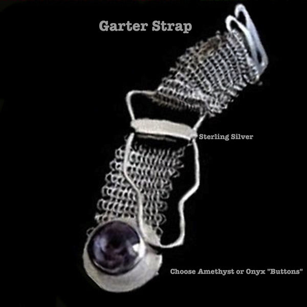 Silver Mesh Life Size Garter Strap Amethyst "Button"one thing is certain... though whimsical, men find garter straps no laughing matter. Ultimately sexy and feminine. * There is also a single garter available... WITH or without pin back...which makes a perfect present for a special bride. (or a lingerie collector!) I'm offering this piece as an actual garter strap (but no guarantees as to the amount of pull it can take, ladies...
